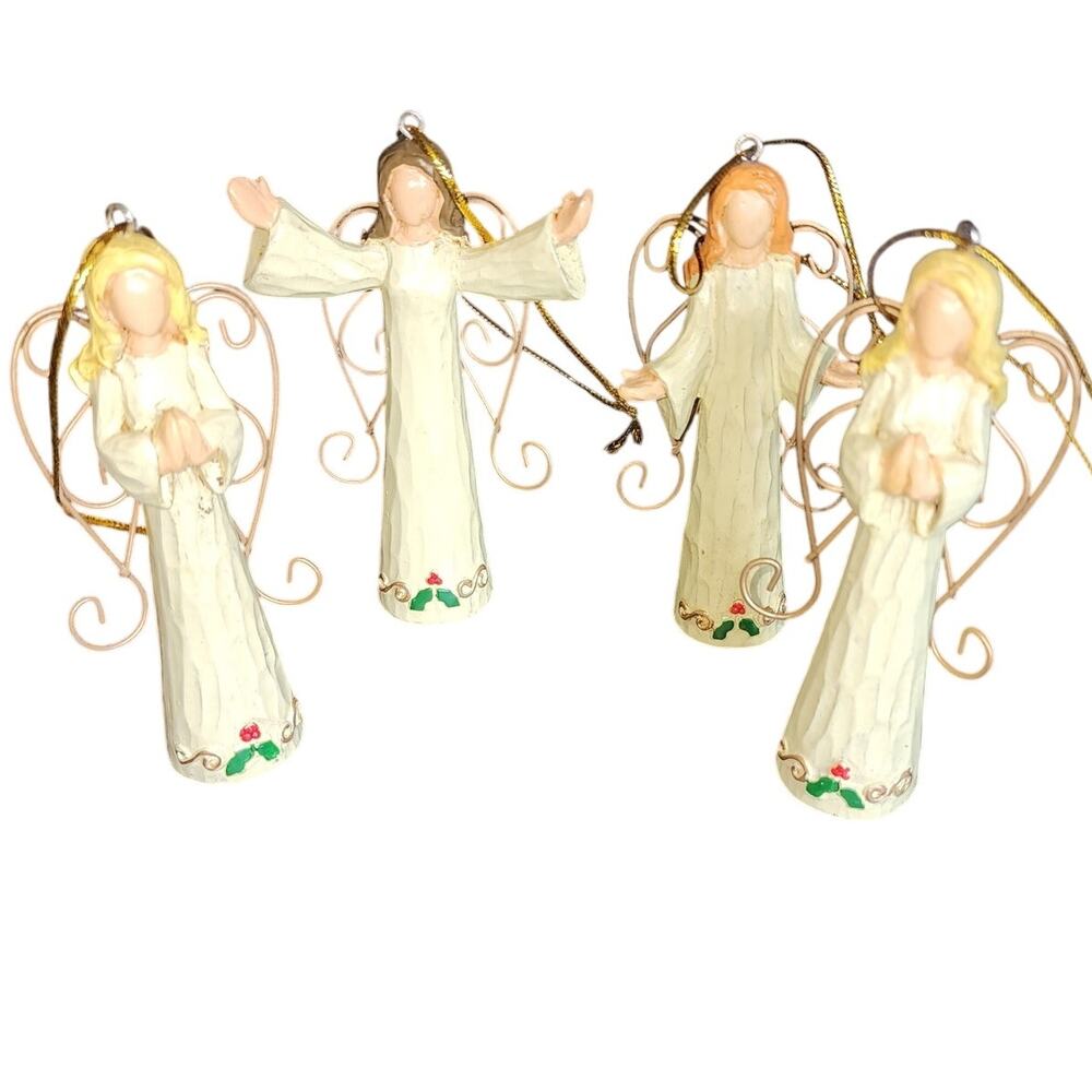 Set of 4 Wired Gold Wings Christmas angel Painted Holly Trim ornaments